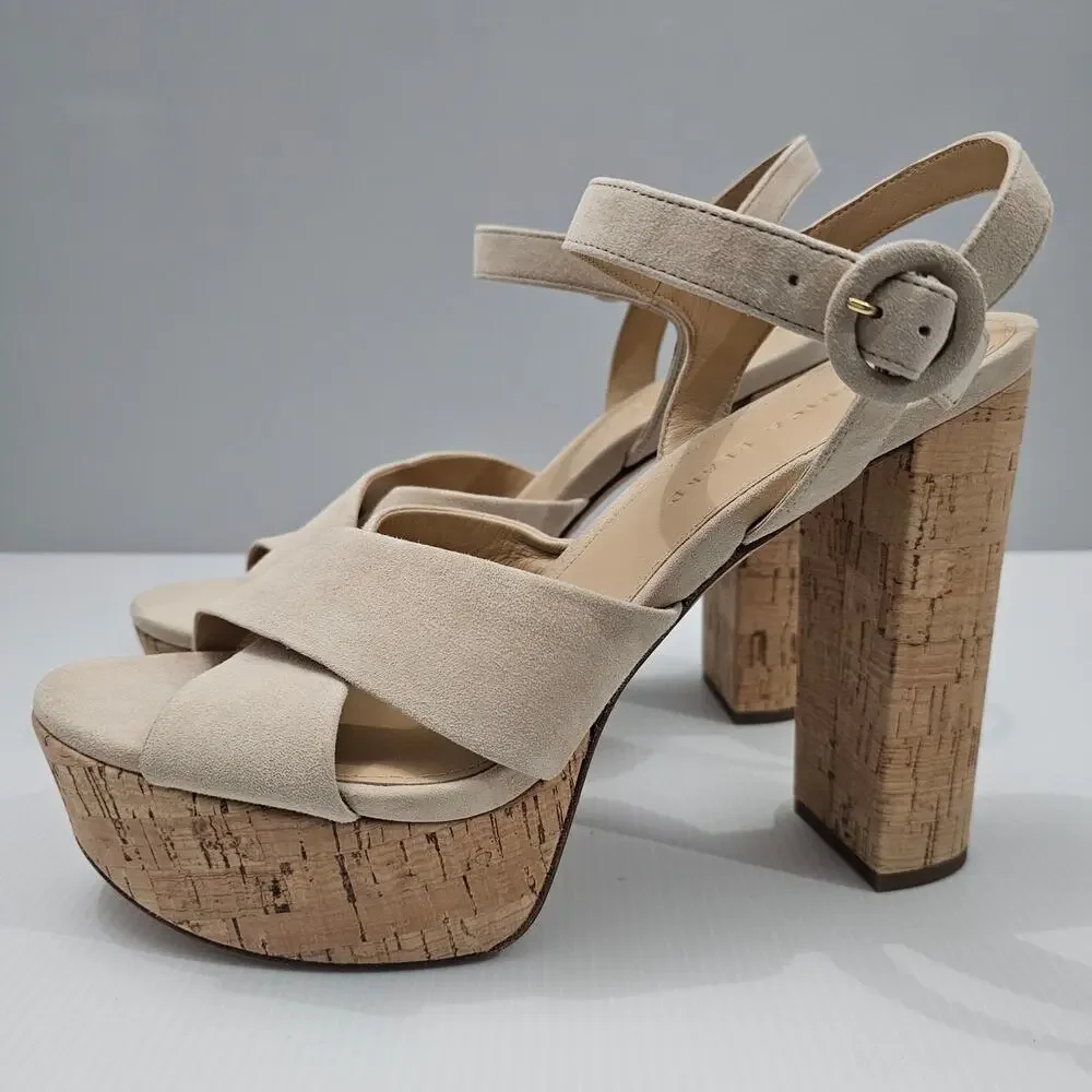 Veronica Beard Lucille Platform Sandal Womens 10 Ecru Suede Cork Block Heel